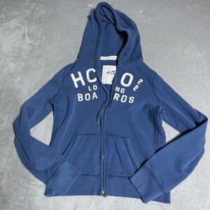 Y2k Hollister Jacket Womens Large Blue Hooded Full Zip Sweatshirt Embroidered